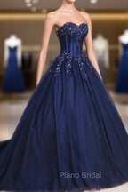 Dark Blue Tulle Lace Princess Dresses, A-Line Strapless Long Formal Prom Dresses