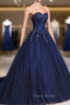 Dark Blue Tulle Lace Princess Dresses, A-Line Strapless Long Formal Prom Dresses