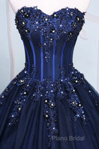 Dark Blue Tulle Lace Princess Dresses, Beautiful A-Line Strapless Long Formal Prom Dresses