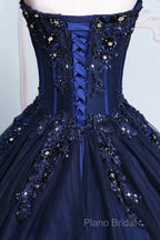Dark Blue Tulle Lace Princess Dresses, Beautiful A-Line Strapless Long Formal Prom Dresses
