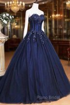 Dark Blue Tulle Lace Princess Dresses, Beautiful A-Line Strapless Long Formal Prom Dresses