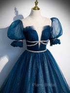Dark Blue Tulle Long Formal Prom Dresses, Blue Tulle Sweet 16 Dresses