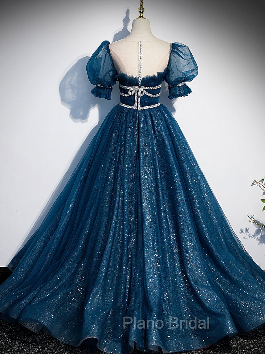 Dark Blue Tulle Long Formal Prom Dresses, Blue Tulle Sweet 16 Dresses