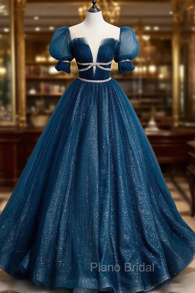 Dark Blue Tulle Long Formal Prom Dresses, Blue Tulle Sweet 16 Dresses