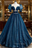 Dark Blue Tulle Long Formal Prom Dresses, Blue Tulle Sweet 16 Dresses