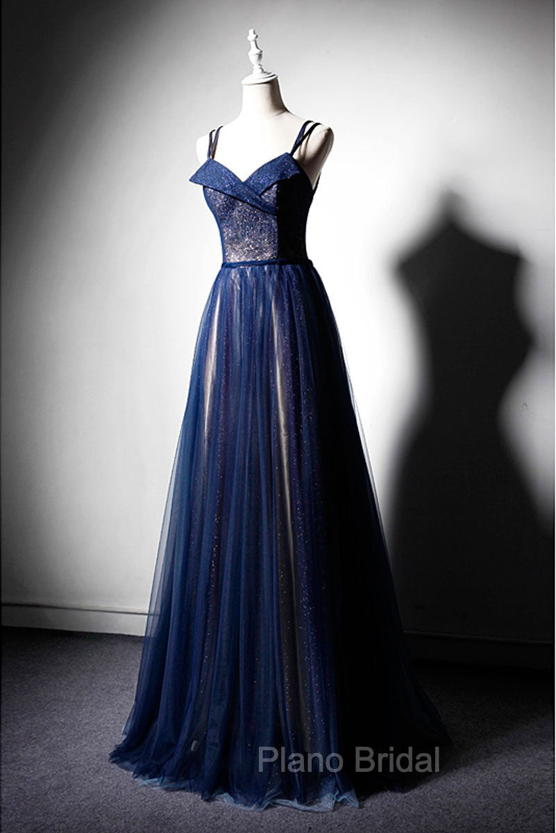 Dark Blue Tulle Long Formal Prom Dresses, Dark Blue Evening Dresses