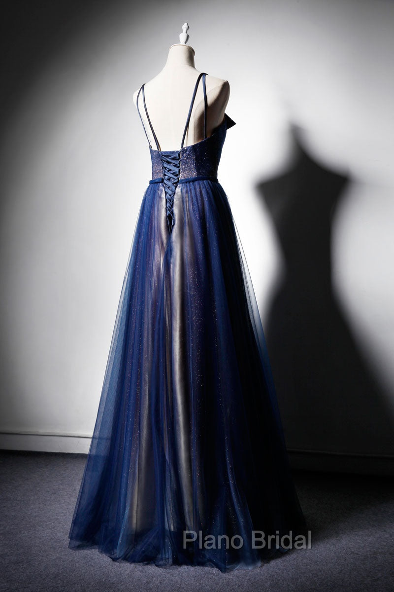 Dark Blue Tulle Long Formal Prom Dresses, Dark Blue Evening Dresses