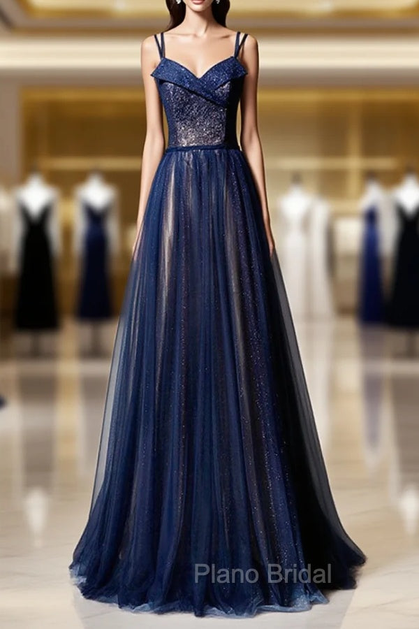 Dark Blue Tulle Long Formal Prom Dresses, Dark Blue Evening Dresses