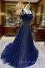 Dark Blue Tulle Sequin Long Formal Prom Dresses, Blue Tulle Formal Dresses