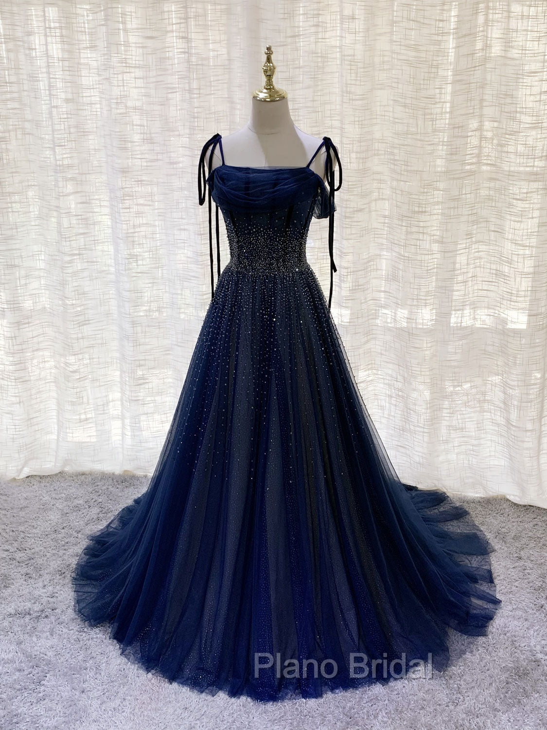 Dark Blue Tulle Sequin Long Formal Prom Dresses, Blue Tulle Formal Dresses