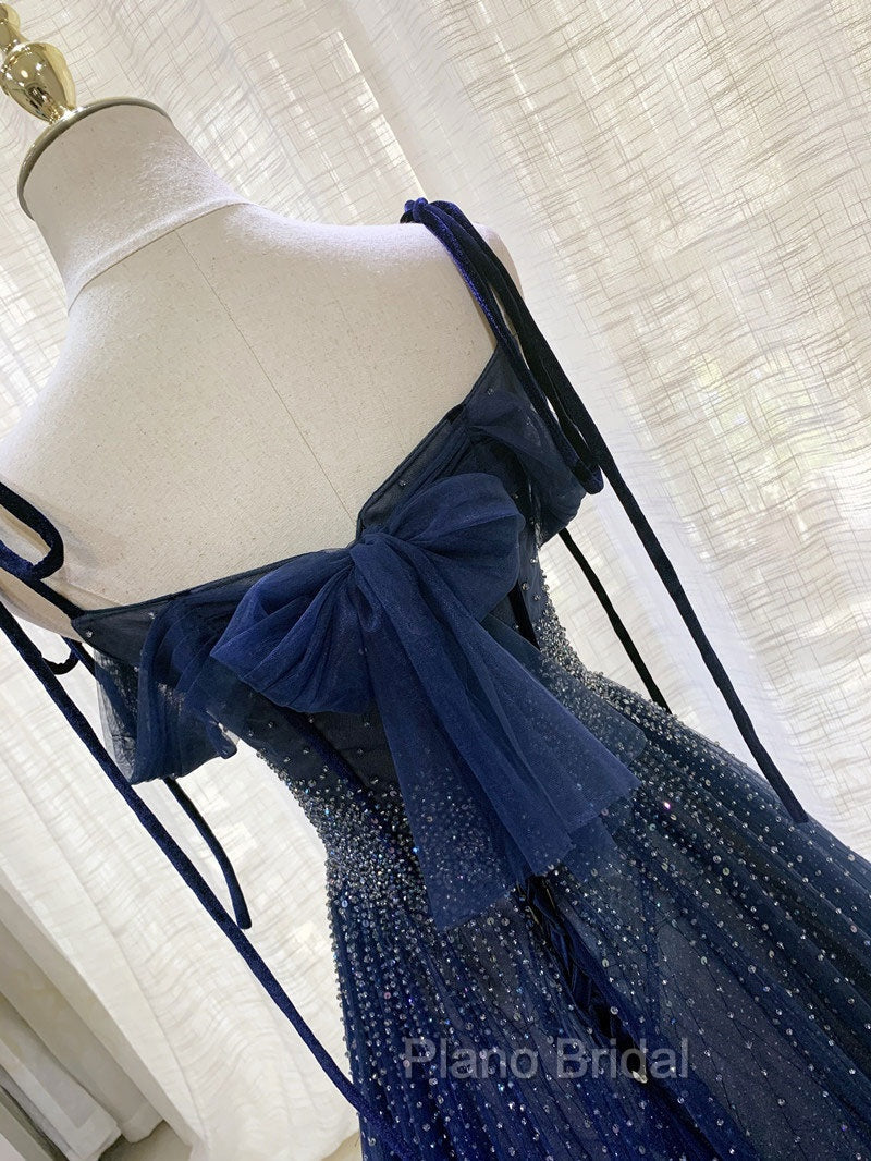 Dark Blue Tulle Sequin Long Formal Prom Dresses, Blue Tulle Formal Dresses
