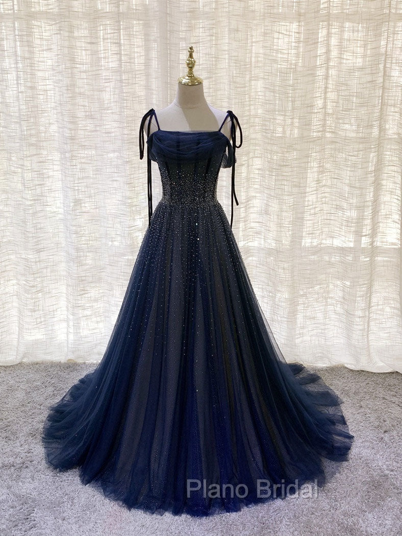 Dark Blue Tulle Sequin Long Formal Prom Dresses, Blue Tulle Formal Dresses Main image