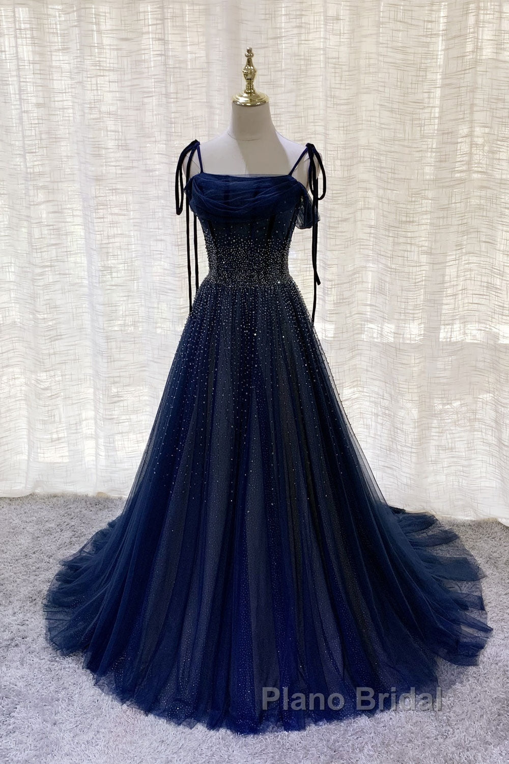 Dark Blue Tulle Sequin Long Formal Prom Dresses, Dark Blue Evening Dresses