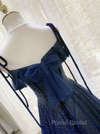 Dark Blue Tulle Sequin Long Formal Prom Dresses, Dark Blue Evening Dresses