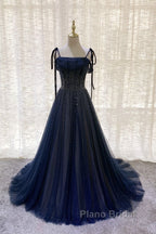Dark Blue Tulle Sequin Long Formal Prom Dresses, Dark Blue Evening Dresses