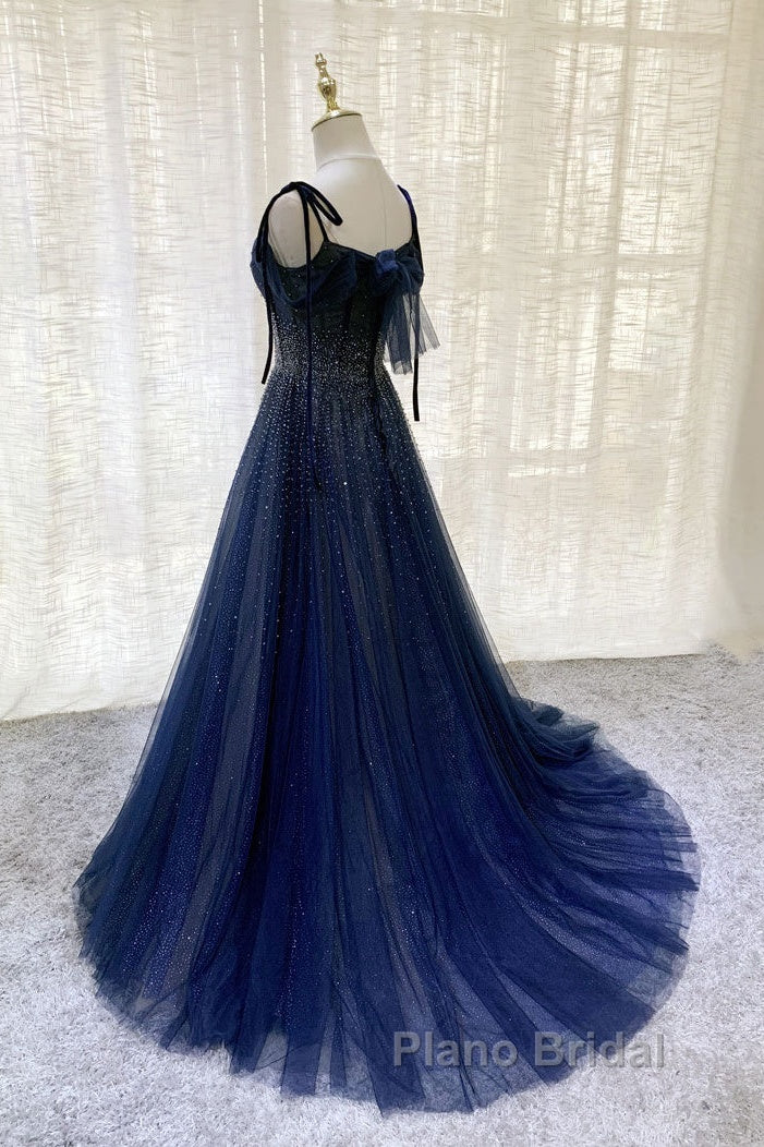 Dark Blue Tulle Sequin Long Formal Prom Dresses, Dark Blue Evening Dresses