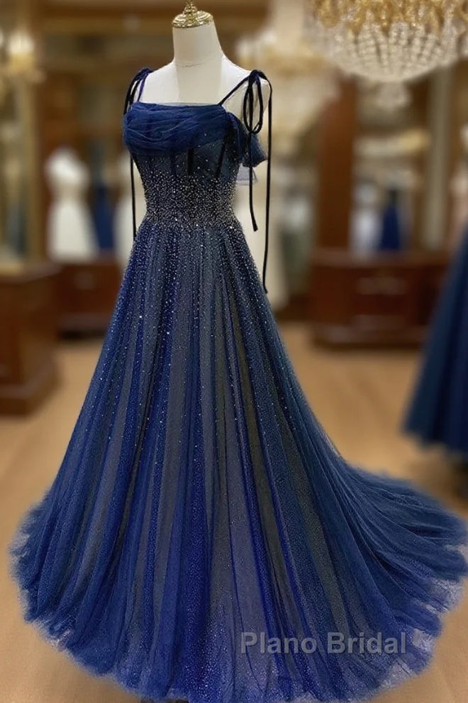Dark Blue Tulle Sequin Long Formal Prom Dresses, Dark Blue Evening Dresses