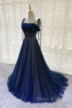 Dark Blue Tulle Sequin Long Formal Prom Dresses A Line Birthday Party Dresses