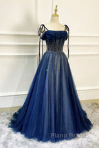 Dark Blue Tulle Sequin Long Formal Prom Dresses A Line Birthday Party Dresses