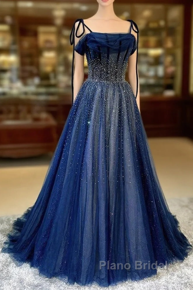 Dark Blue Tulle Sequin Long Formal Prom Dresses A Line Birthday Party Dresses Main image