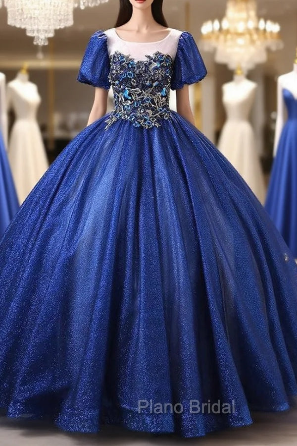 Dark Blue Tulle Sequins Puff Sleeve Appliques Quinceanera Dresses