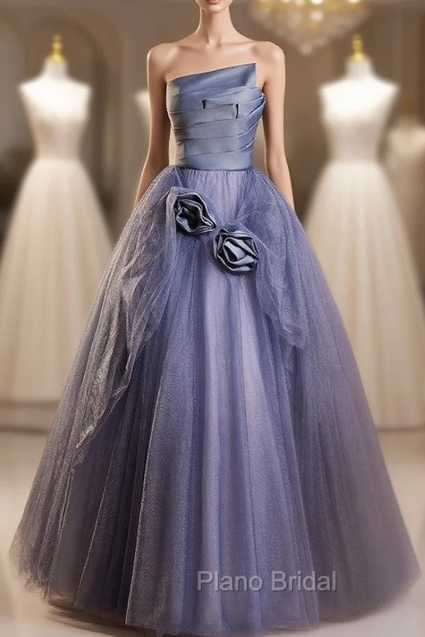 Dark Blue Tulle Strapless Pleats Flower Formal Prom Dresses Main image