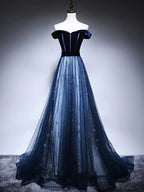 Dark Blue Tulle Velvet Long Formal Prom Dresses, Blue Formal Evening Dresses