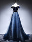 Dark Blue Tulle Velvet Long Formal Prom Dresses, Blue Formal Evening Dresses