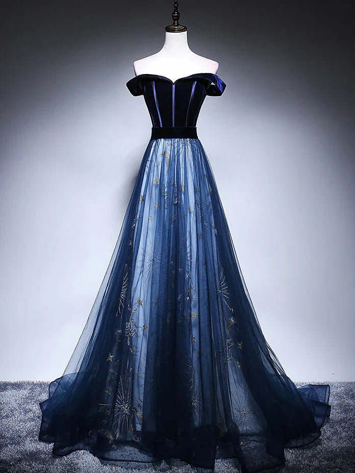 Dark Blue Tulle Velvet Long Formal Prom Dresses, Blue Formal Evening Dresses Main image