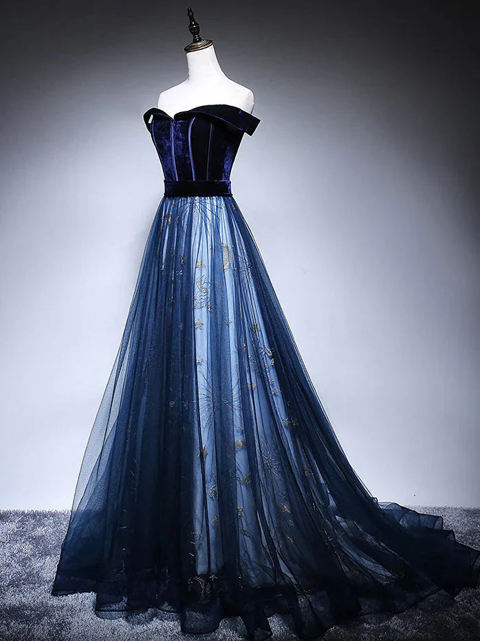Dark Blue Tulle Velvet Long Formal Prom Dresses, Blue Formal Evening Dresses Secondary image