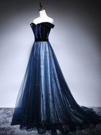 Dark Blue Tulle Velvet Long Formal Prom Dresses, Blue Formal Evening Dresses
