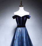 Dark Blue Tulle Velvet Long Formal Prom Dresses, Blue Formal Evening Dresses
