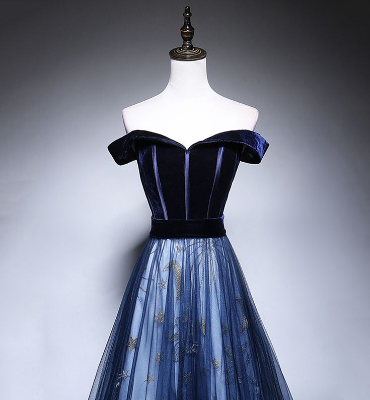 Dark Blue Tulle Velvet Long Formal Prom Dresses, Blue Formal Evening Dresses