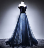 Dark Blue Tulle Velvet Long Formal Prom Dresses, Blue Formal Evening Dresses