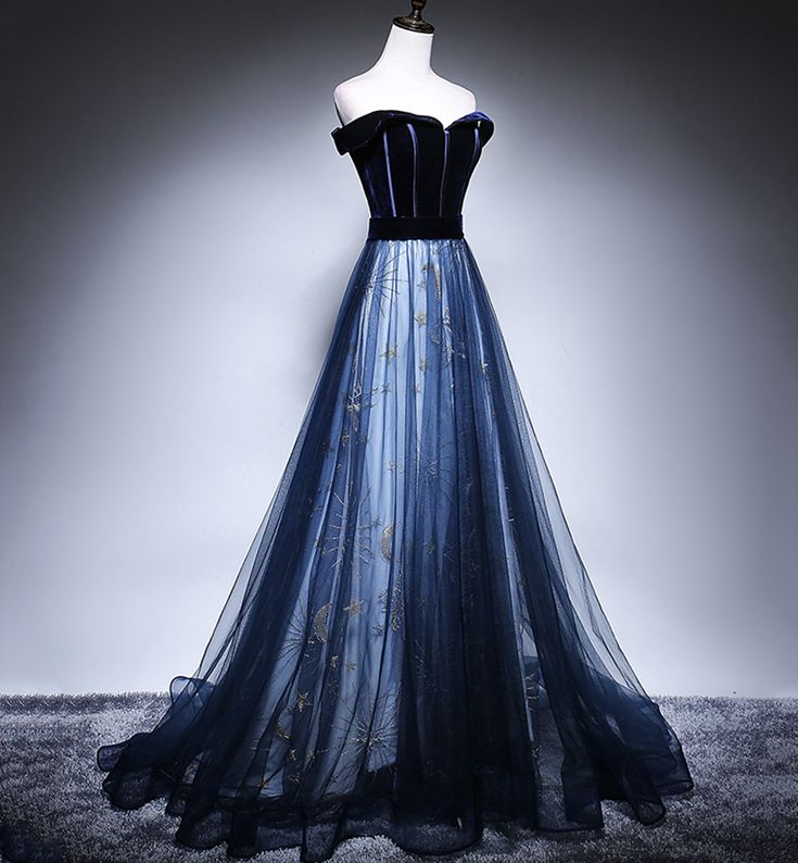 Dark Blue Tulle Velvet Long Formal Prom Dresses, Blue Formal Evening Dresses
