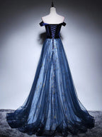Dark Blue Tulle Velvet Long Formal Prom Dresses, Blue Formal Evening Dresses