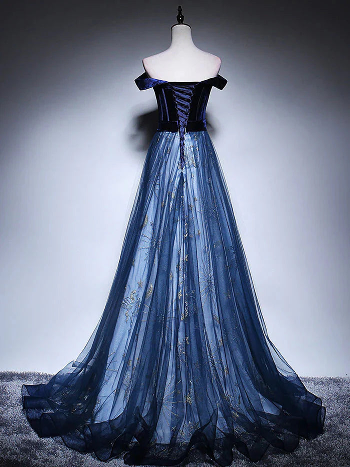 Dark Blue Tulle Velvet Long Formal Prom Dresses, Blue Formal Evening Dresses