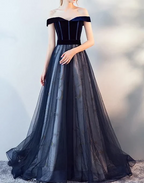 Dark Blue Tulle Velvet Long Formal Prom Dresses, Blue Formal Evening Dresses
