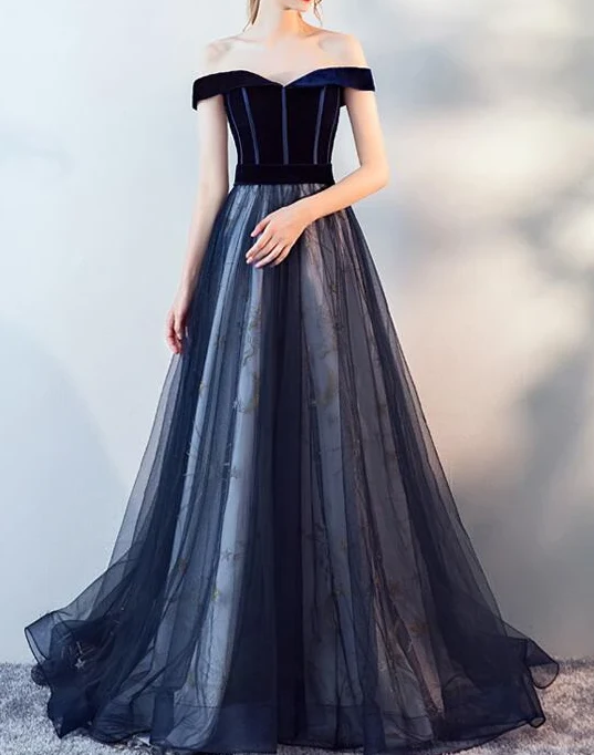 Dark Blue Tulle Velvet Long Formal Prom Dresses, Blue Formal Evening Dresses