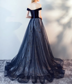 Dark Blue Tulle Velvet Long Formal Prom Dresses, Blue Formal Evening Dresses