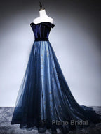 Dark Blue Tulle Velvet Long Formal Prom Dresses, Blue Evening Dresses