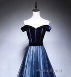 Dark Blue Tulle Velvet Long Formal Prom Dresses, Blue Evening Dresses