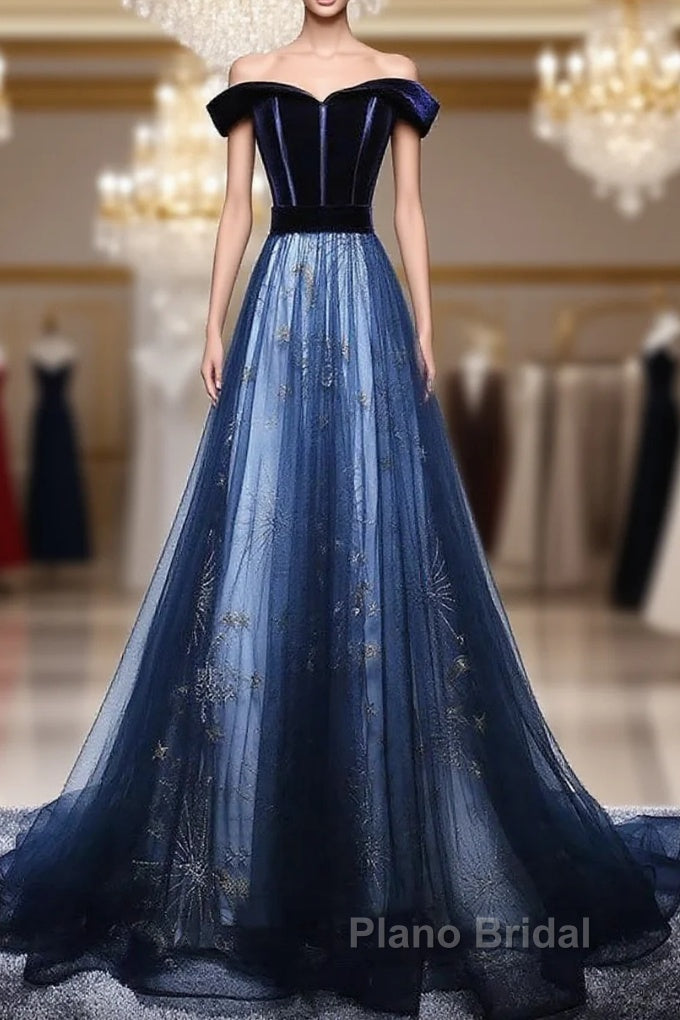 Dark Blue Tulle Velvet Long Formal Prom Dresses, Blue Evening Dresses