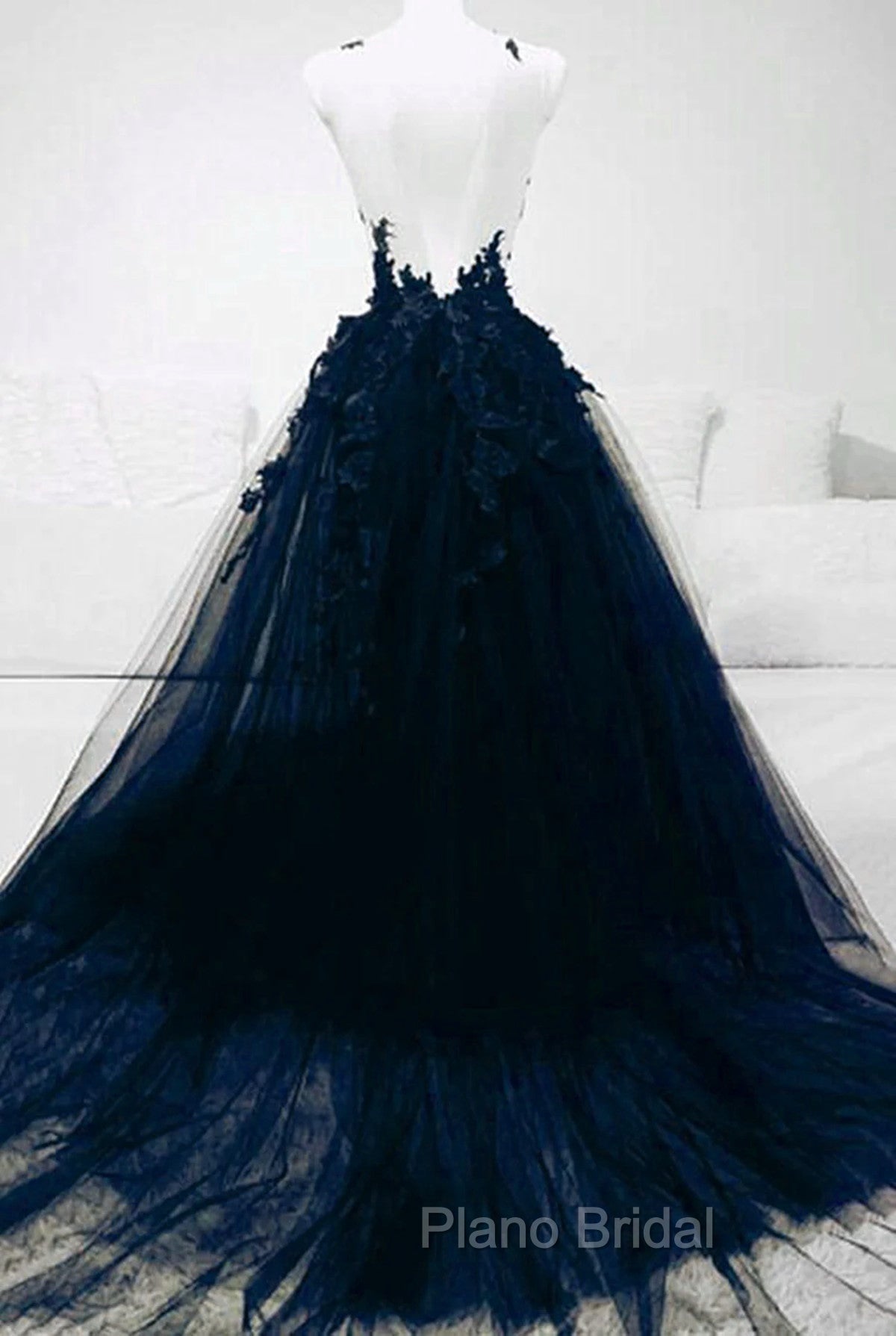 Dark Blue Tulle With Lace Long Evening Dresses, A-line Dark Blue Formal Prom Dresses Secondary image