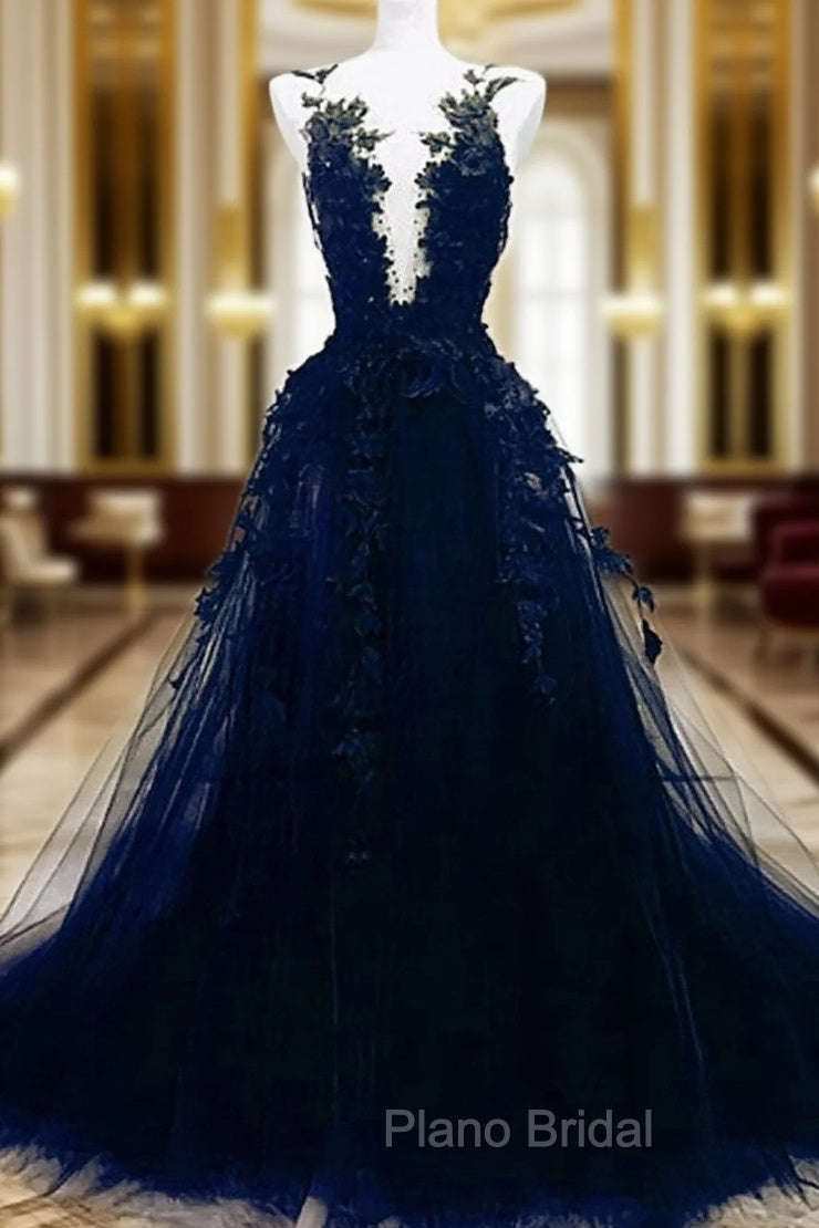 Dark Blue Tulle With Lace Long Evening Dresses, A-line Dark Blue Formal Prom Dresses Main image