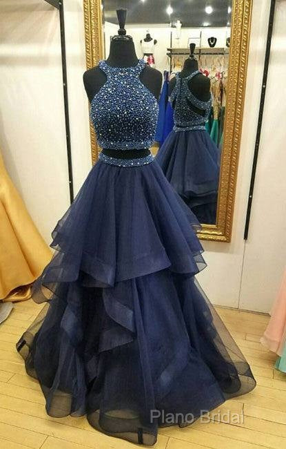 Dark Blue Two Pieces Beads Long Formal Prom Dresses, Formal Dresses Secondary image