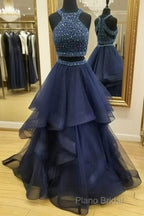 Dark Blue Two Pieces Beads Long Formal Prom Dresses, Formal Dresses