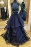 Dark Blue Two Pieces Beads Long Formal Prom Dresses, Formal Dresses