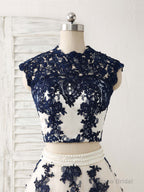 Dark Blue Two Pieces Lace Tulle Long Prom Dress Blue Evening Dress