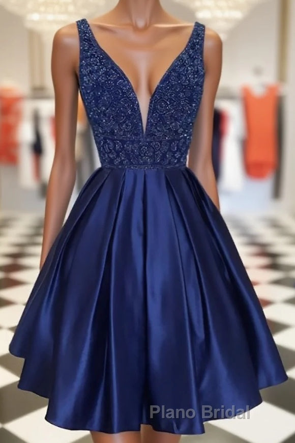 Dark blue v neck beads satin short Formal Prom dress, blue homecoming dress Main image